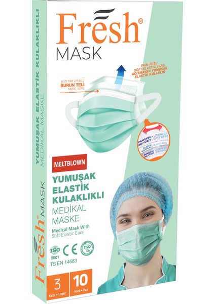 Fresh Mask 3 Katlı Filtreli Burun Telli Medikal Maske 10'lu Paket Kalın Ipli