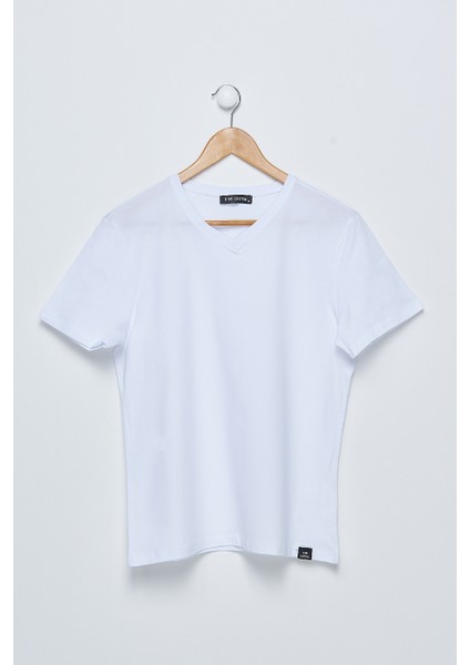 Erkek Beyaz V Yaka T-Shirt