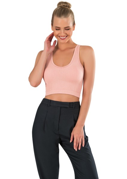 Kadın Kalın Askılı Ipeksi Dikişsiz Örme Modal Crop Top Pembe Büstiyer