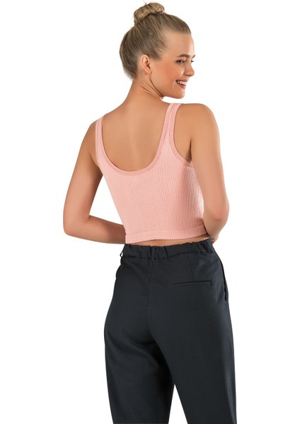 Kadın Kalın Askılı Ipeksi Dikişsiz Örme Modal Crop Top Pembe Büstiyer