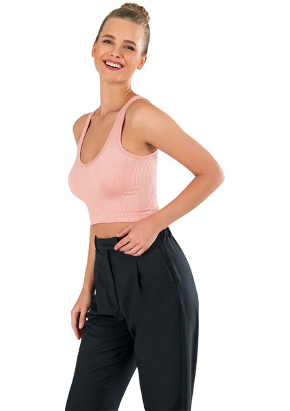 Kadın Kalın Askılı Ipeksi Dikişsiz Örme Modal Crop Top Pembe Büstiyer