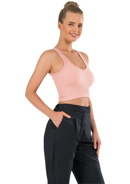 Kadın Kalın Askılı Ipeksi Dikişsiz Örme Modal Crop Top Pembe Büstiyer