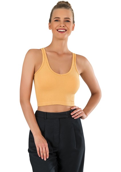 Kadın Kalın Askılı Ipeksi Dikişsiz Örme Modal Crop Top Sarı Büstiyer