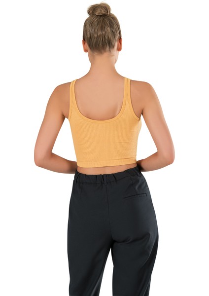 Kadın Kalın Askılı Ipeksi Dikişsiz Örme Modal Crop Top Sarı Büstiyer