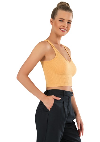 Kadın Kalın Askılı Ipeksi Dikişsiz Örme Modal Crop Top Sarı Büstiyer