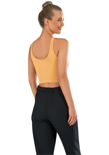 Kadın Kalın Askılı Ipeksi Dikişsiz Örme Modal Crop Top Sarı Büstiyer