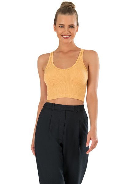 Kadın Kalın Askılı Ipeksi Dikişsiz Örme Modal Crop Top Sarı Büstiyer