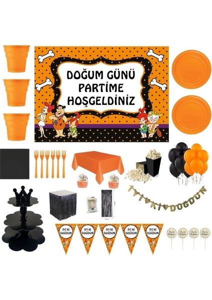 Taş Devri Bam Bam Çakıl 70X100 cm Afişli Lüks Doğum Günü Parti Süsleri 10 Kişilik