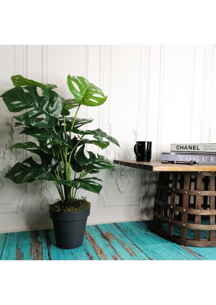 Yapay Ağaç Salon Bitkisi Monstera 70 cm 18 Yaprak Antrasit Saksıda