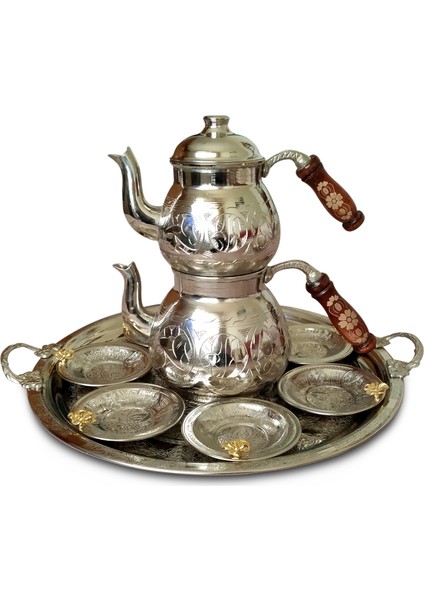 Keski Işlemeli Tepsili Bakır Çaydanlık ve Çay Seti