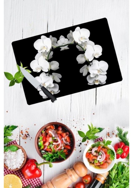 Beyaz Orkide Desenli Cam Kesme Tahtası 30 cm x 40 cm fiyatları