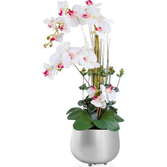 Çiçek misin Metal Gümüş Saksıda Yapay Orkide Aranjmanı