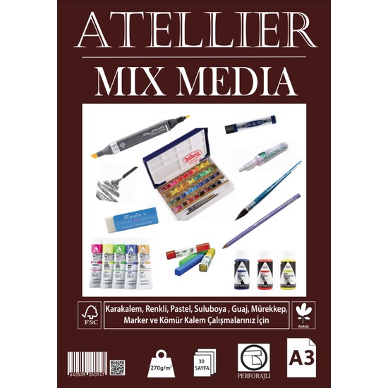 hobi24 Atellier Mix Media Spiralli Defter A3 270 gr 30 Yaprak