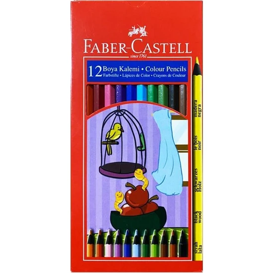 Faber-Castell 12 Renk Tam Boy Kuru Boya Kalemi Siyah Lata