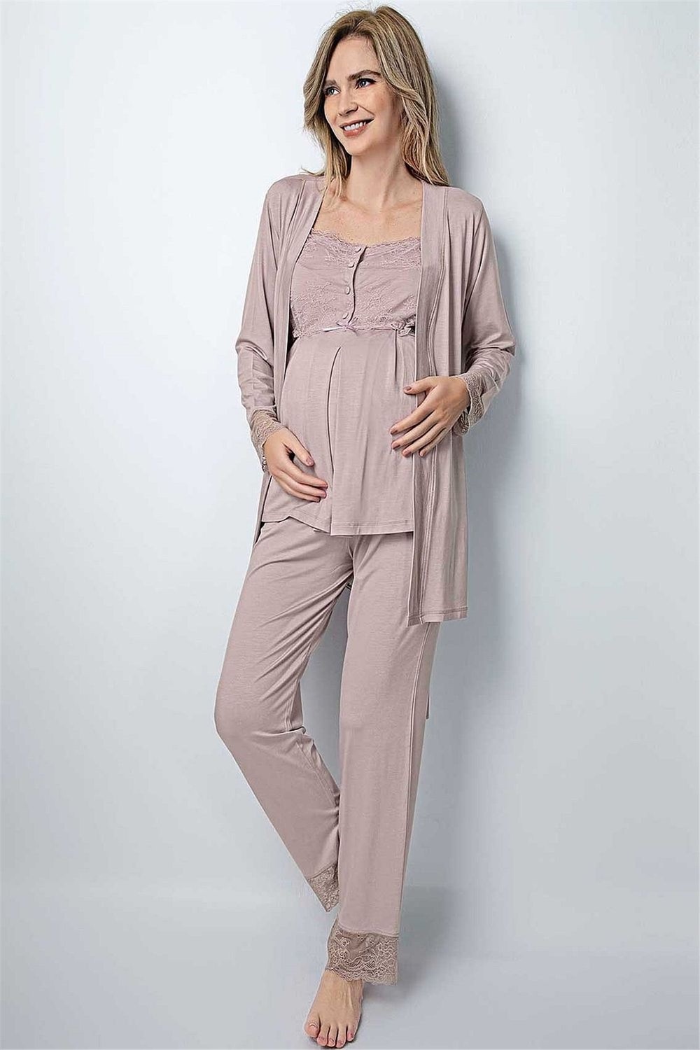 Monamise Kadın Vizon Hamile Lohusa Sabahlıklı Pijama Takım 18441