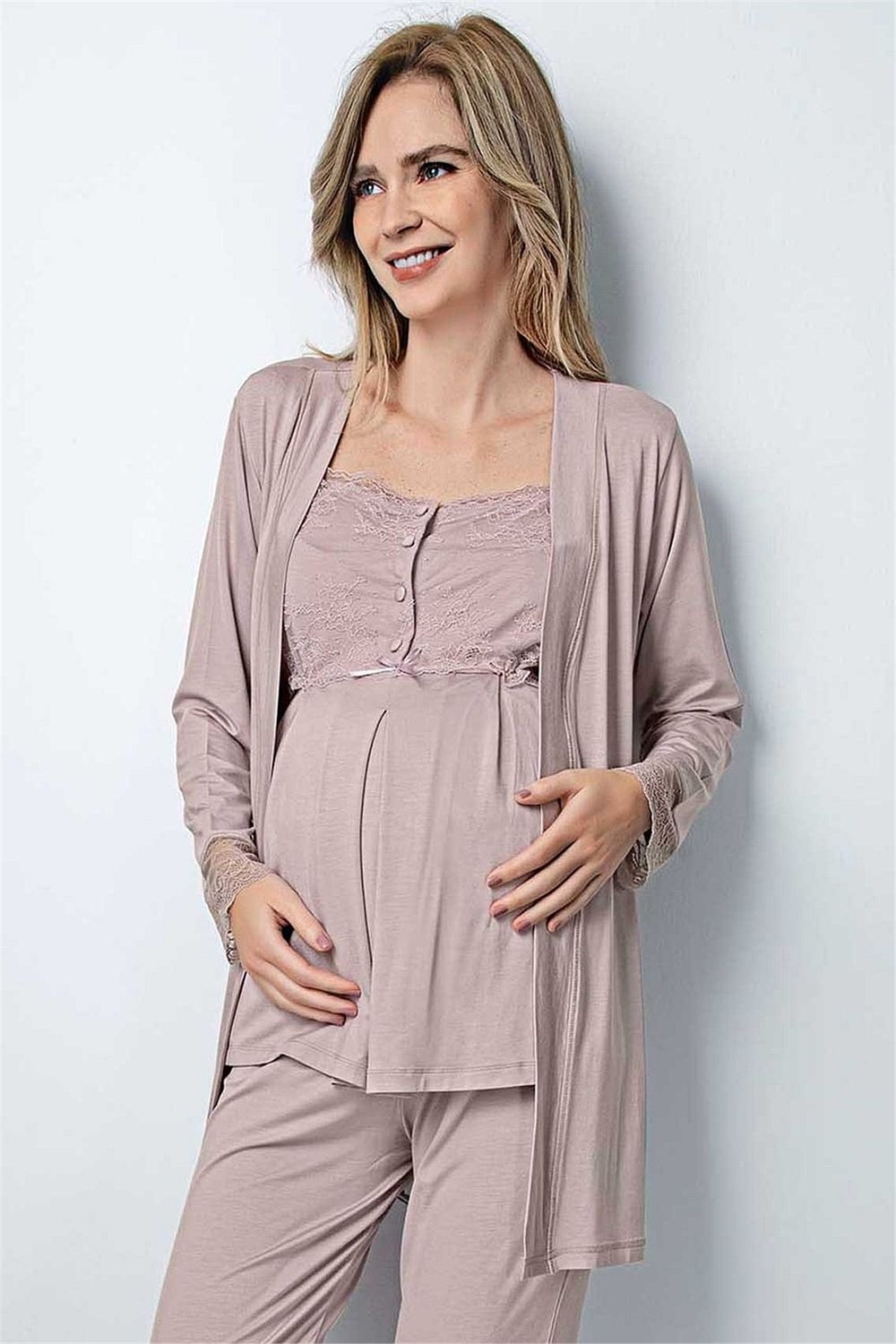 Monamise Kadın Vizon Hamile Lohusa Sabahlıklı Pijama Takım 18441 görsel 3