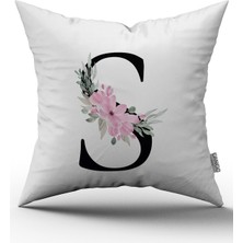 Cango Home Pembe Çiçekli Harfli Kırlent Kılıfı - S Harfi