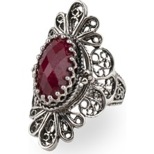 Filigran Silver 925 Ayar Gümüş El Tasarımı Telkari Sanatı Doğal Ruby Korindon (Opak Yakut) Taşlı Kadın Yüzük