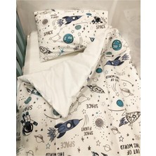 Bebek Özel Pamuk Bebek/Çocuk Yastık Çarşaf Yorgan Seti Uzay Desenli/ Düz Beyaz