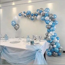 Partylandtr Frozen 75 Adet Metalik Mavi,Gümüş,Beyaz Balon Ve 5 Metre Balon Zinciri, Balon Yapıştırma Bantı