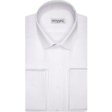 Süvari Slim Fit Armür Desenli Manşetli Beyaz Erkek Gömlek