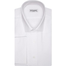 Süvari Slim Fit Armür Desenli Manşetli Beyaz Erkek Gömlek