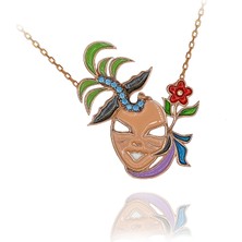 Akua Taşlı Renkli Mineli Çiçekli Maske Gümüş Kolye