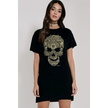 Rock&Roll Siyah Dövme Kurukafa Kısa Kollu Penye T-Shirt Elbise