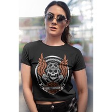 Rock&Roll Motorcu Kurukafa Siyah Kısa, Kesik Crop Top Kadın Tişört