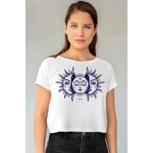 Rock&Roll Ay Güneş Beyaz Kısa, Kesik Crop Top Kadın Tişört