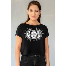 Rock&Roll Ay Güneş Siyah Kısa, Kesik Crop Top Kadın Tişört
