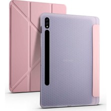 Fuchsia Samsung Galaxy Tab S7 Plus Kılıf SM-T970 Kalemlikli Smart Kılıf Arkası Şeffaf Yumuşak Silikon Akıllı Kılıf 360 Tam Koruma Rose Gold