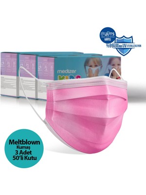 Medizer Full Ultrasonik Cerrahi Çocuk Maskesi 3 Katlı Meltblown Kumaş 150 Adet Burun Telli Pembe