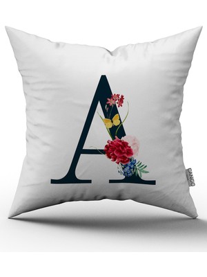 Cango Home Kırmızı Çiçekli Harfli Kırlent Kılıfı - A Harfi