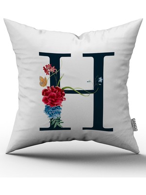 Cango Home Kırmızı Çiçekli Harfli Kırlent Kılıfı - H Harfi