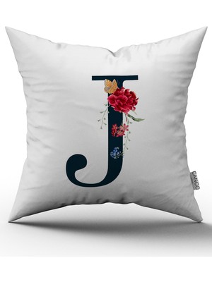 Cango Home Kırmızı Çiçekli Harfli Kırlent Kılıfı - J Harfi