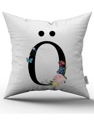 Cango Home Kırmızı Çiçekli Harfli Kırlent Kılıfı - Oo Harfi