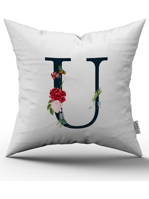 Cango Home Kırmızı Çiçekli Harfli Kırlent Kılıfı - U Harfi