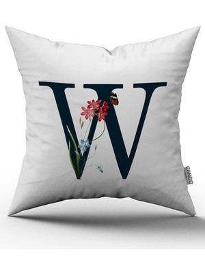 Cango Home Kırmızı Çiçekli Harfli Kırlent Kılıfı - W Harfi