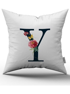 Cango Home Kırmızı Çiçekli Harfli Kırlent Kılıfı - Y Harfi