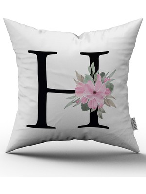 Cango Home Pembe Çiçekli Harfli Kırlent Kılıfı - H Harfi