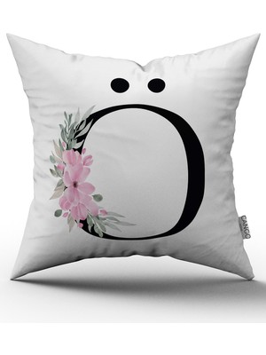 Cango Home Pembe Çiçekli Harfli Kırlent Kılıfı - Oo Harfi