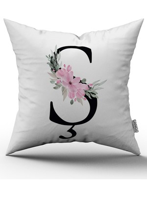 Cango Home Pembe Çiçekli Harfli Kırlent Kılıfı - Ş Harfi