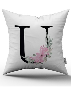 Cango Home Pembe Çiçekli Harfli Kırlent Kılıfı - U Harfi