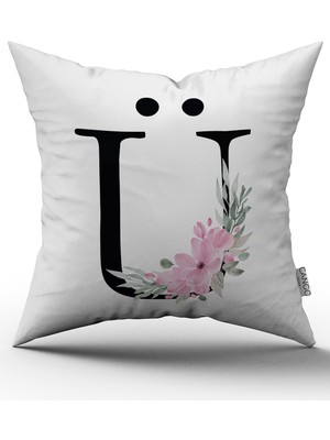 Cango Home Pembe Çiçekli Harfli Kırlent Kılıfı - Ü Harfi