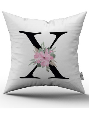 Cango Home Pembe Çiçekli Harfli Kırlent Kılıfı - x Harfi