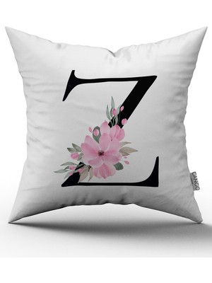 Cango Home Pembe Çiçekli Harfli Kırlent Kılıfı - Z Harfi