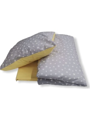 Bebek Özel Pamuk Bebek/Çocuk Yastık Çarşaf Yorgan Seti Gri Yıldızlı/düz Sarı