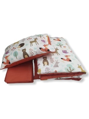 Bebek Özel Pamuk Bebek/Çocuk Yastık Çarşaf Yorgan Seti Doğa Desenli/kiremit Renk