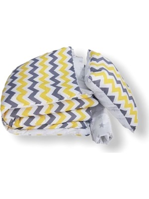 Bebek Özel Pamuklu Bebek/çocuk Yastık Çarşaf Yorgan Seti Sarı Zikzaklı/gri Yıldızlı 80X130